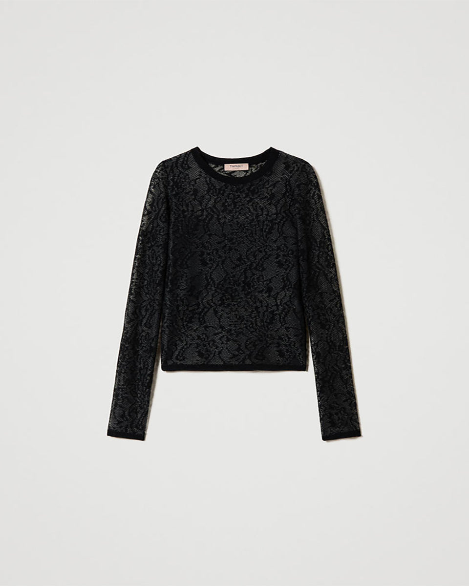 Jacquard Jumper with Lace Effect-Clothing-Twinset-Black-XS-Mercantile Portland