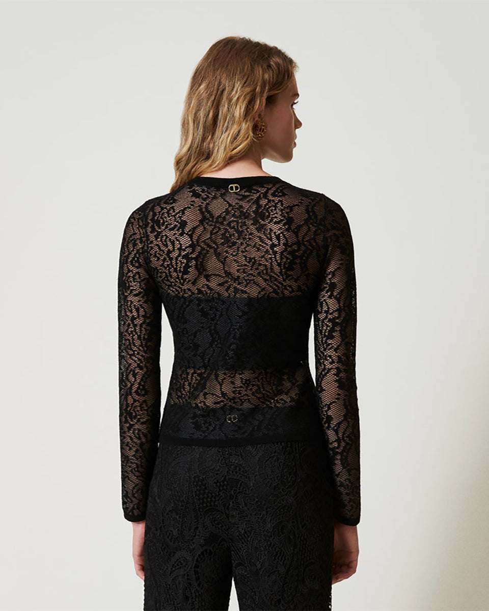 Jacquard Jumper with Lace Effect-Tops-Twinset-Black-XS-Mercantile Portland