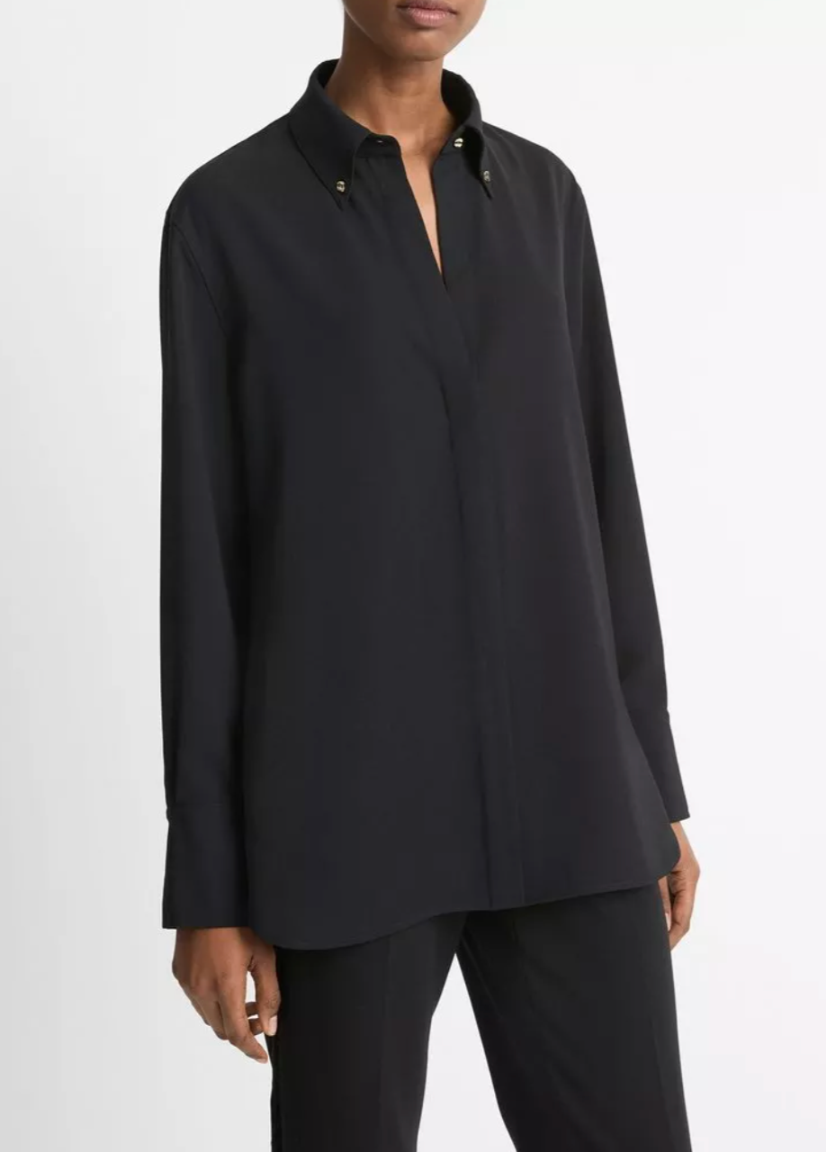 Jewel Collar Point Collar Crepe Shirt-Clothing-Vince-Black-XXS-Mercantile Portland