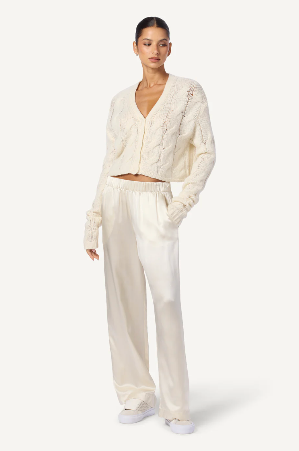 Jolie Cashmere V-Neck Cropped Cable Cardigan-Clothing-Sablyn-Gardenia-XS-Mercantile Portland