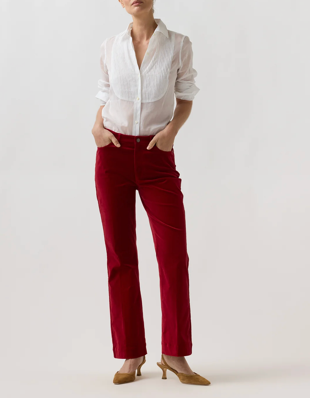 Kendall Flare 5-Pocket Jean in Red Stretch Velveteen-Pants-Mashburn-Red-24-Mercantile Portland