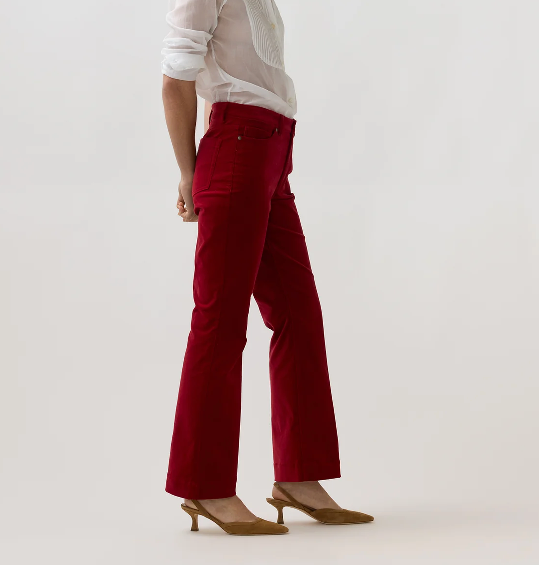Kendall Flare 5-Pocket Jean in Red Stretch Velveteen-Pants-Mashburn-Red-24-Mercantile Portland