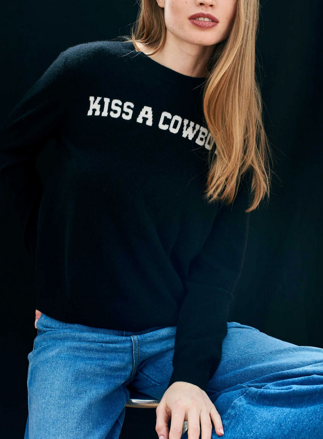 "Kiss a Cowboy" Crew Sweater in Black-Clothing-Jumper 1234-Black-1-Mercantile Portland