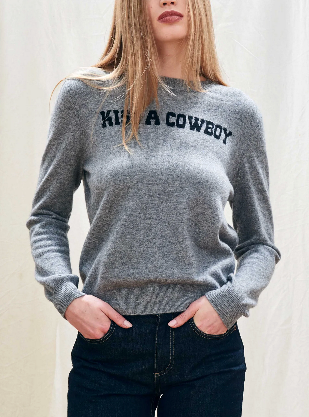 "Kiss a Cowboy" Crew Sweater in Cloudy-Sweaters-Jumper 1234-Cloudy-1-Mercantile Portland