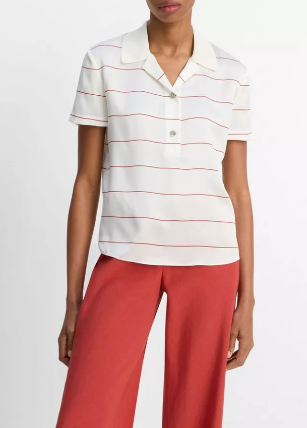 Knit-Collar Striped Silk Polo Shirt-Clothing-Vince-Cream Brick Rose-XXS-Mercantile Portland