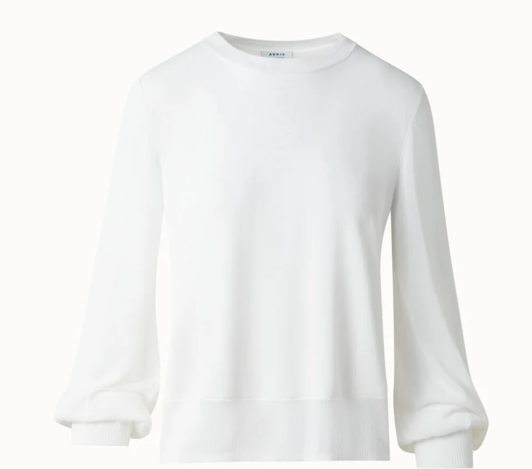 Knit Sweater with Sheer Neckline and Sleeves-Sweaters-Akris Punto-2-Cream-Mercantile Portland