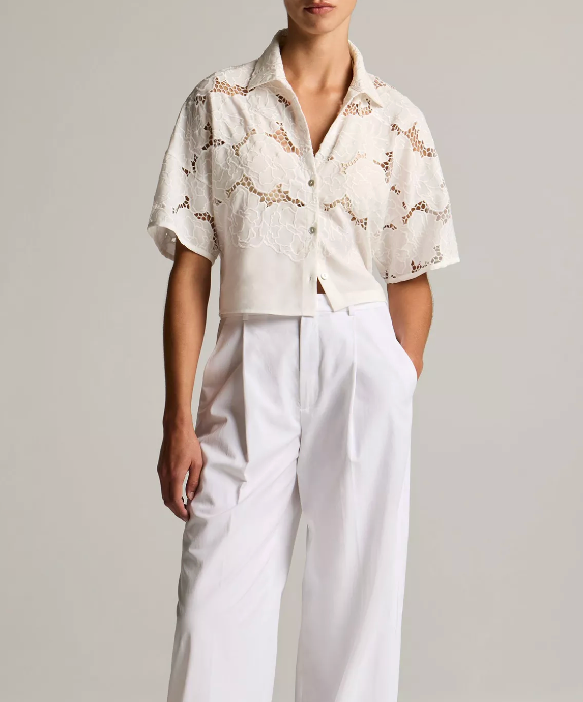 Lace Cropped Short-Sleeve Shirt-Shirts-Vince-Off White-XXS-Mercantile Portland