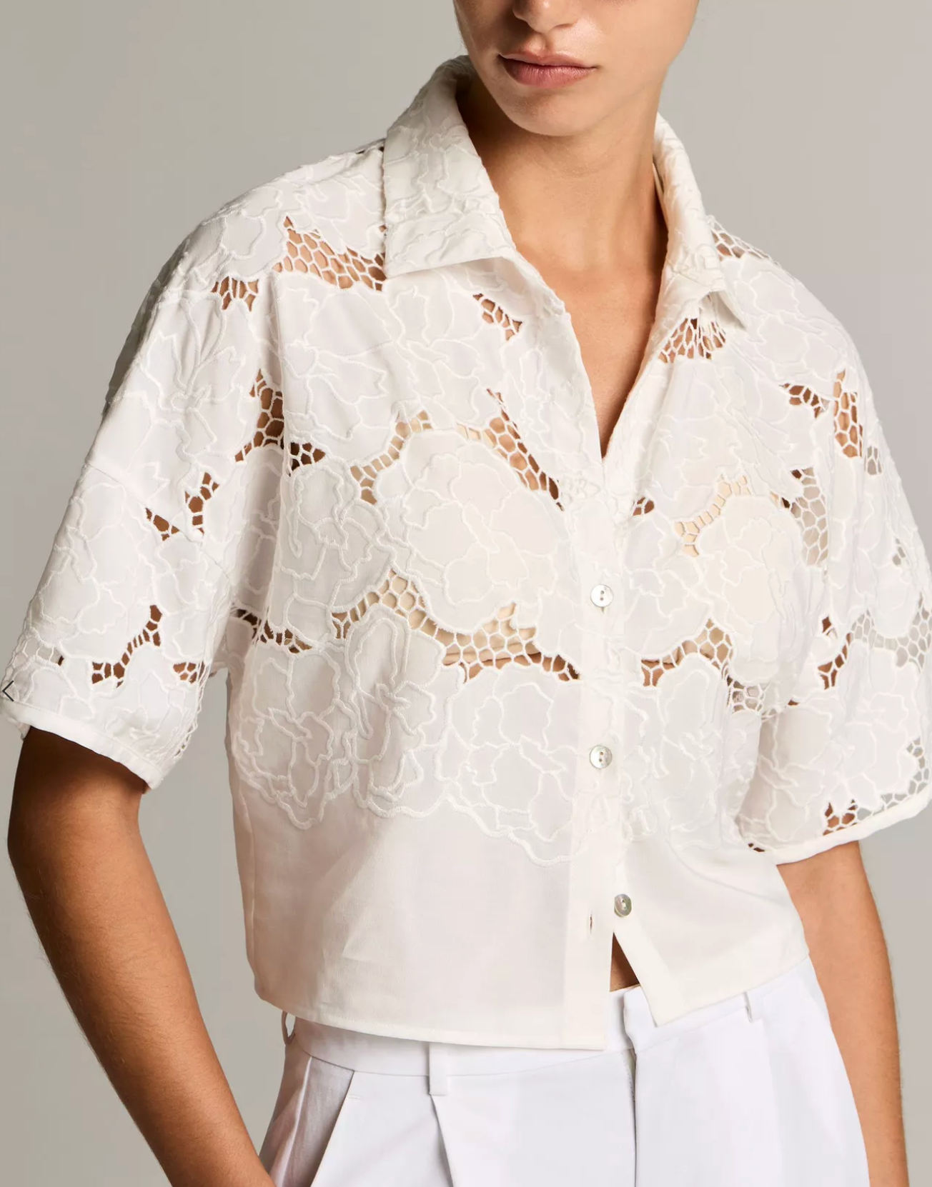 Lace Cropped Short-Sleeve Shirt-Shirts-Vince-Off White-XXS-Mercantile Portland