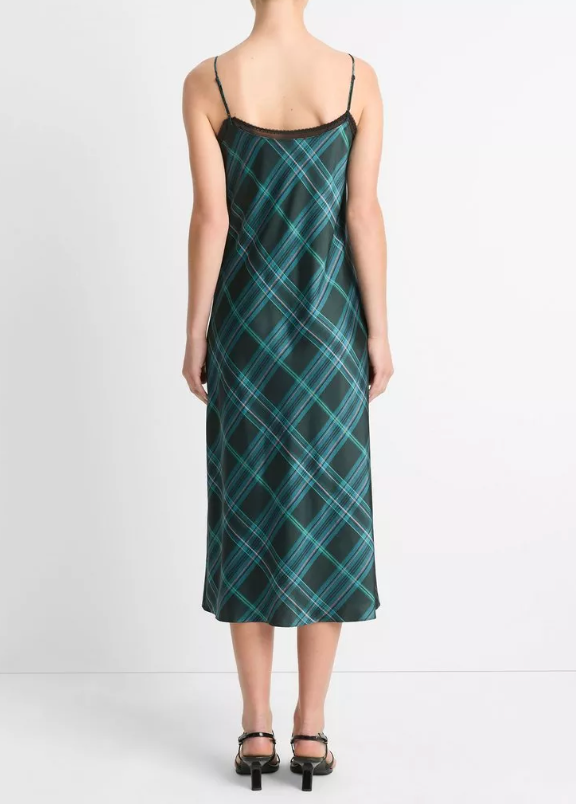 Lace-Trim Plaid Slip Dress-Clothing-Vince-Jade Onyx-XXS-Mercantile Portland