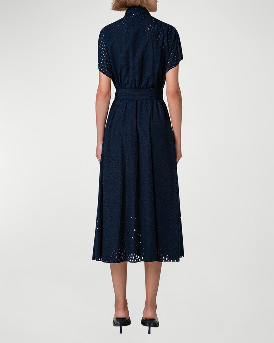 Lasercut Grid Cotton Poplin Dress with Belt-Dresses-Akris Punto-Navy-2-Mercantile Portland