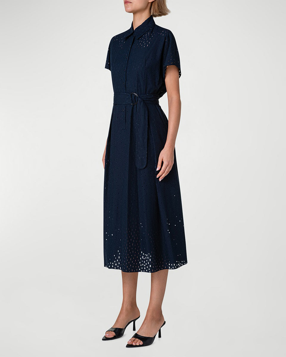 Lasercut Grid Cotton Poplin Dress with Belt-Dresses-Akris Punto-Navy-2-Mercantile Portland