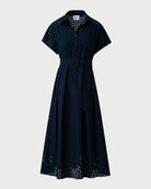 Lasercut Grid Cotton Poplin Dress with Belt-Dresses-Akris Punto-Navy-2-Mercantile Portland