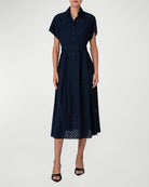 Lasercut Grid Cotton Poplin Dress with Belt-Dresses-Akris Punto-Navy-2-Mercantile Portland