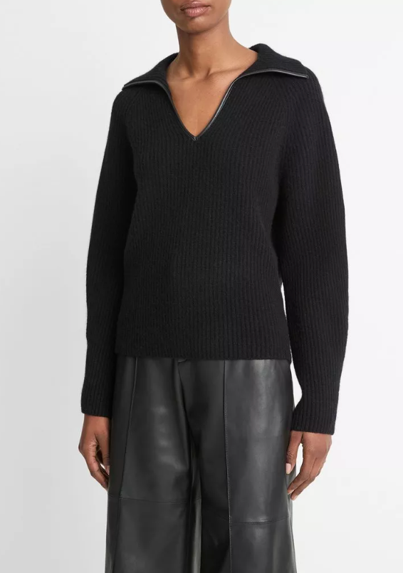 Leather-Trim Wool-Cashmere Polo Sweater-Clothing-VINCE-Black-XXS-Mercantile Portland