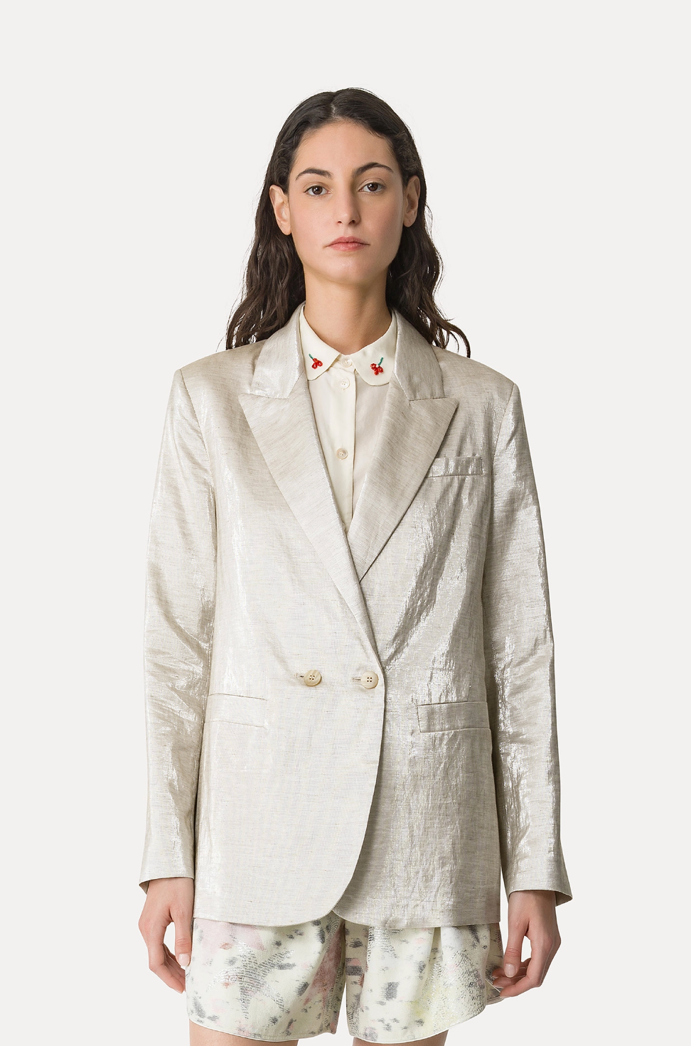 Linen and Lurex Double-Breasted Jacket-Jackets-Forte Forte-0-Lucente-Mercantile Portland