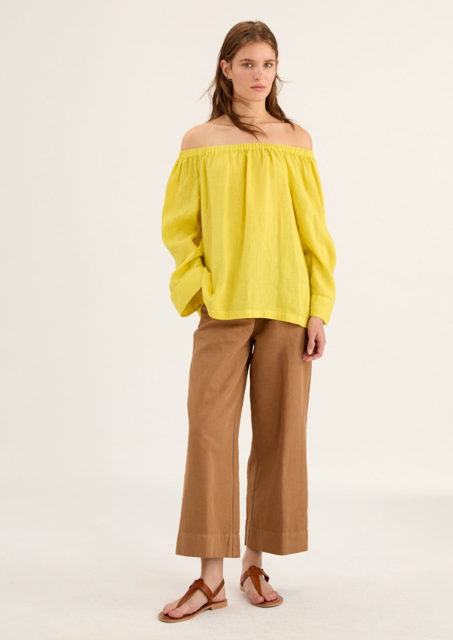 Linen Off-Shoulder Shirt-Clothing-Rosso35-Lemon-38-Mercantile Portland