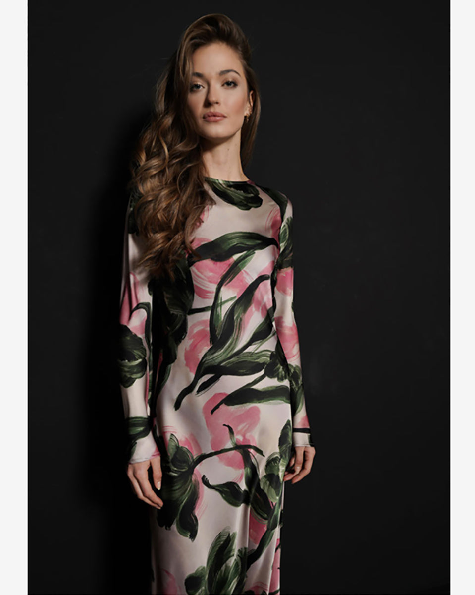 Long Flower Dress-Dresses-Milva Mi-Pink/Green-38-Mercantile Portland