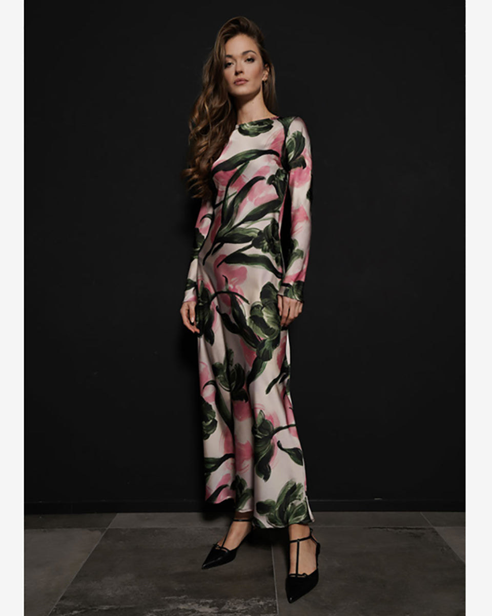 Long Flower Dress-Dresses-Milva Mi-Pink/Green-38-Mercantile Portland