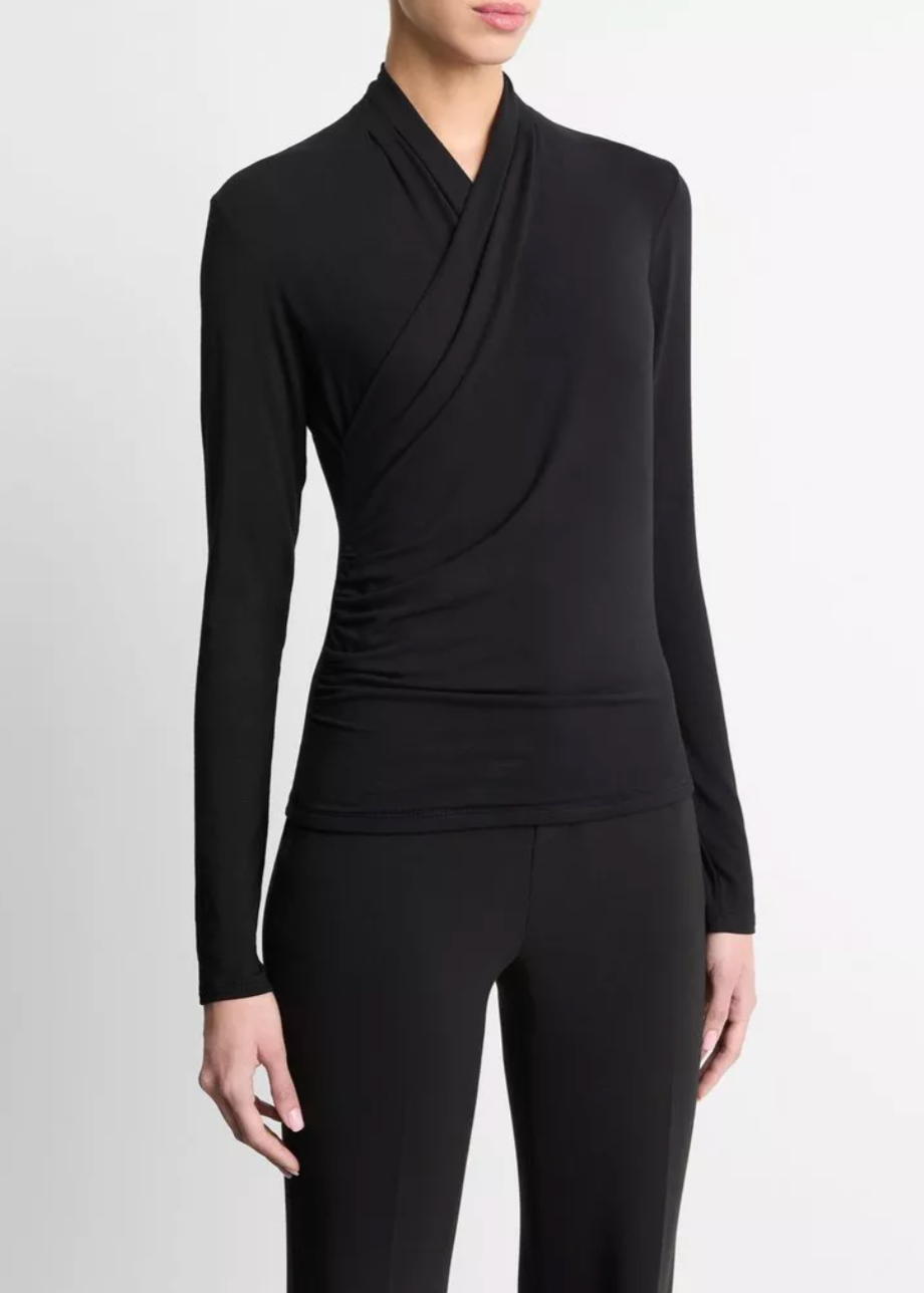 Long Sleeve Fixed Wrap Top-Clothing-Vince-Black-XXS-Mercantile Portland