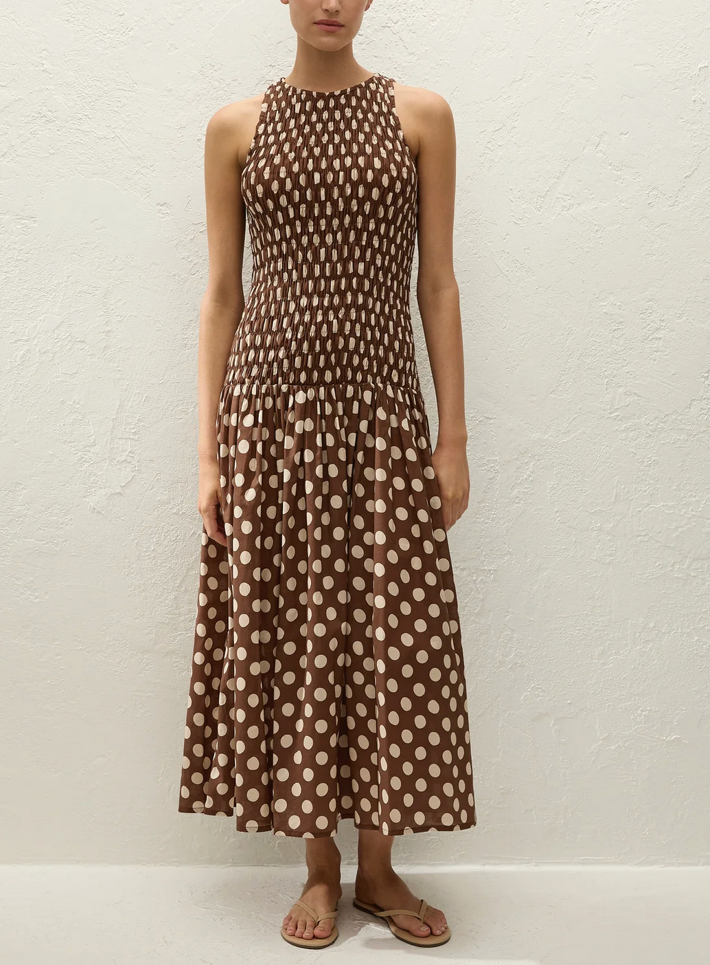 Luisa Midi Dot Dress-Dresses-FAITHFULL-Cioccolato-2-Mercantile Portland
