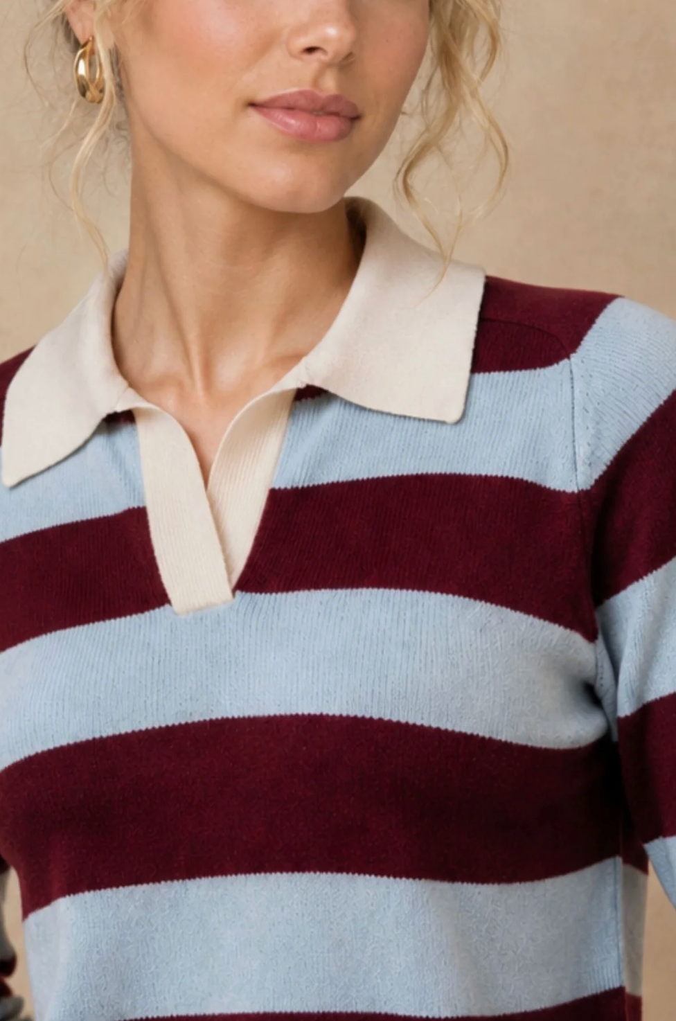 Maxine Cashmere Striped Polo-Sweaters-27 Miles-Sky / Pinot-XS-Mercantile Portland