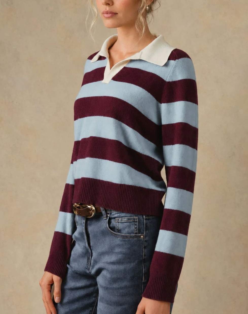 Maxine Cashmere Striped Polo-Sweaters-27 Miles-Sky / Pinot-XS-Mercantile Portland