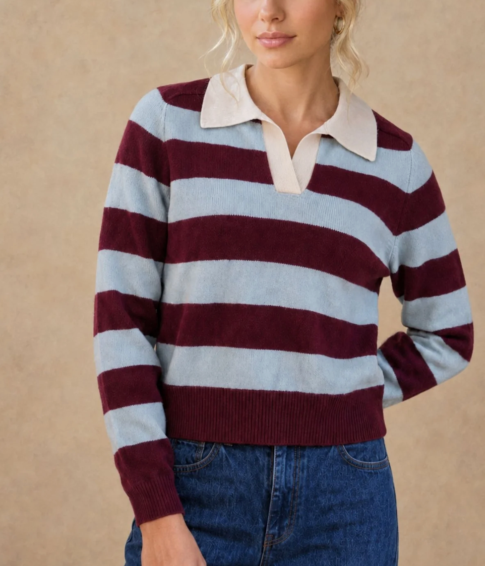 Maxine Cashmere Striped Polo-Sweaters-27 Miles-Sky / Pinot-XS-Mercantile Portland