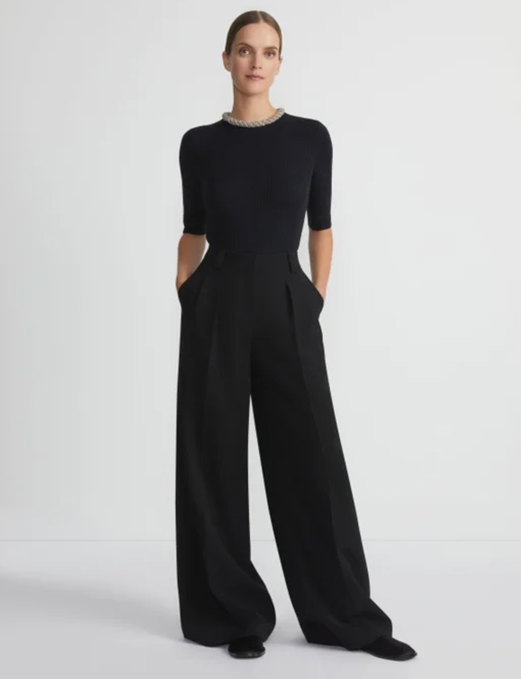 Merino Wool-Silk Metallic Baroque Collar Sweater-Clothing-Lafayette 148-Black-XS-Mercantile Portland