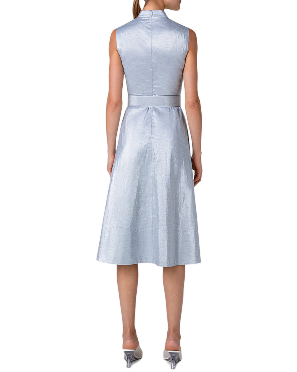 Metallic Cotton Belted Midi Dress-Dresses-Akris Punto-Silver Blue-2-Mercantile Portland