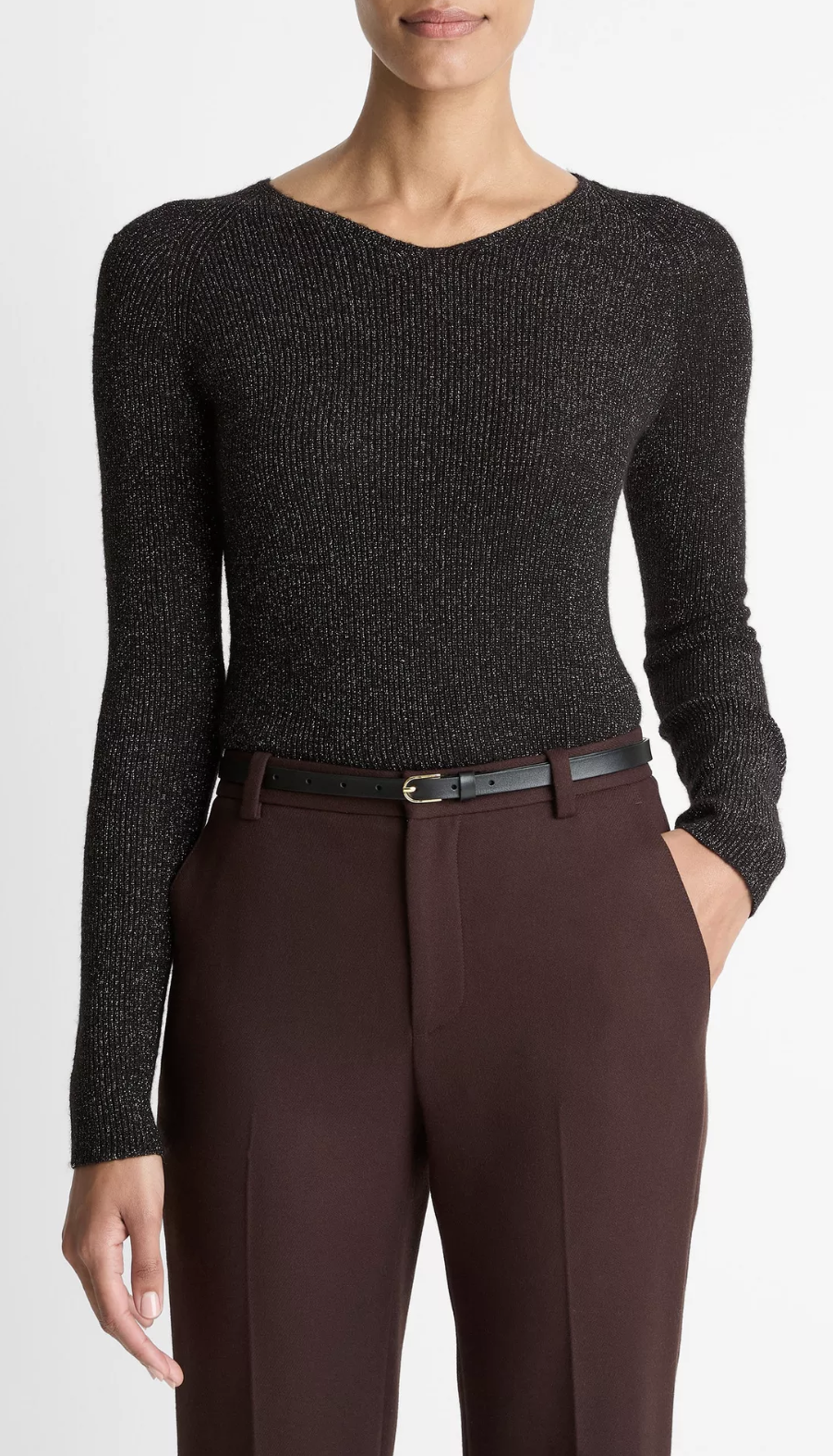 Metallic Ribbed High V-Neck Sweater-Sweaters-Vince-Black Metallic-XXS-Mercantile Portland