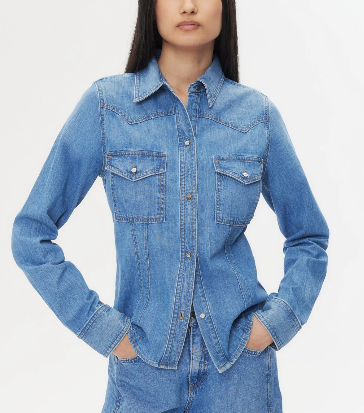 Mustang Sally Denim Snap Button Shirt-Clothing-TWP-Vintage Wash-XXS-Mercantile Portland