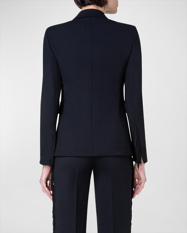 Wool Crepe Blazer Jacket with Intarsia Fringe Detail-Akris Punto-Mercantile Portland