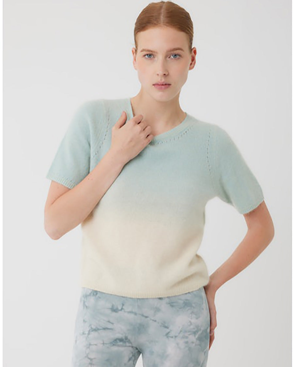 Ombre Pointelle Detail Short Sleeve Sweater-Sweaters-Majestic Filatures-Aqua-1-Mercantile Portland