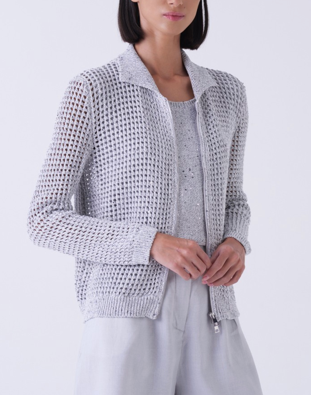 Organic Cotton Zip Cardigan-Sweaters-Amina Rubinacci-Pearl Grey-40-Mercantile Portland