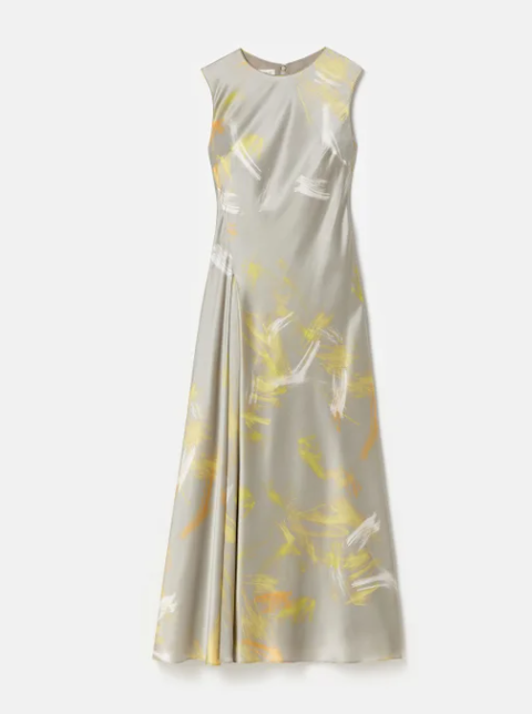 Pastel Smudge Print Silk Satin Asymmetric Dress-Clothing-Lafayette 148-Pencil Grey Multi-0-Mercantile Portland