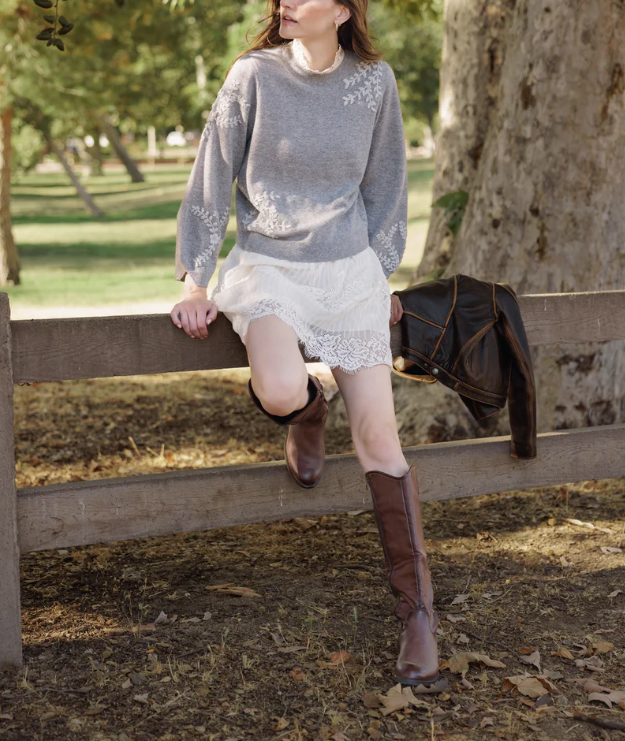 Pelta Floral Embroidered Cashmere Crewneck-Sweaters-27 Miles-Heather Chrome-M-Mercantile Portland