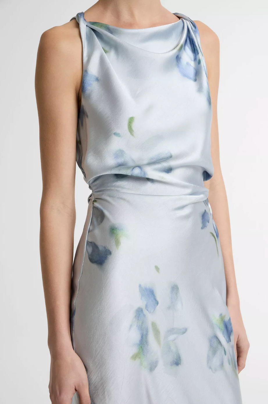 Petal Blur Satin Twist-Shoulder Dress-Clothing-Vince-Soft Grey-00-Mercantile Portland