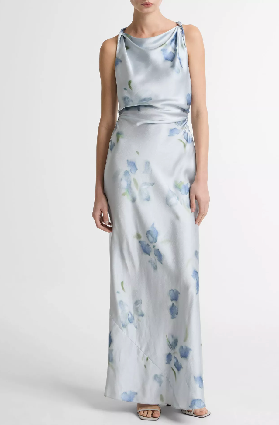 Petal Blur Satin Twist-Shoulder Dress-Clothing-Vince-Soft Grey-00-Mercantile Portland