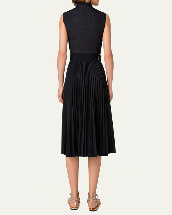 Pin-Dot Midi Dress with Sunray Plissee Pleated Skirt-Akris Punto-Mercantile Portland