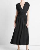 Pintuck Cotton V-Neck Dress-Dresses-Vince-Black-XXS-Mercantile Portland