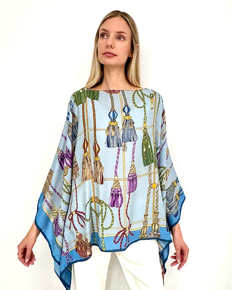 Remini Cashmere Printed Poncho – Light Blue-Kaftans and Ponchos-Rani Arabella-OS-Mercantile Portland
