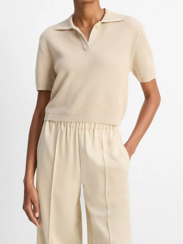 Ribbed Silk-Cotton Polo Sweater-Clothing-Vince-Pale Canyon-XXS-Mercantile Portland