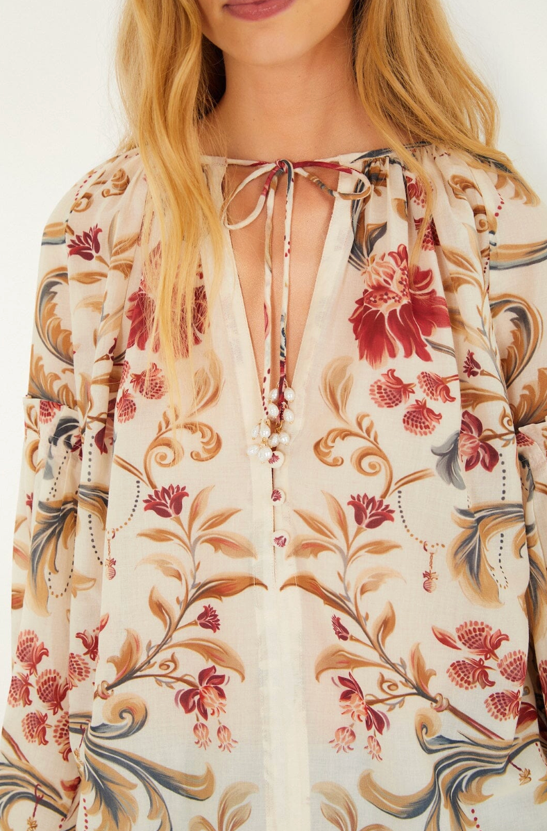 Royal Garden Tassels Blouse-Tops-Farm Rio-Royal Sand-XS-Mercantile Portland