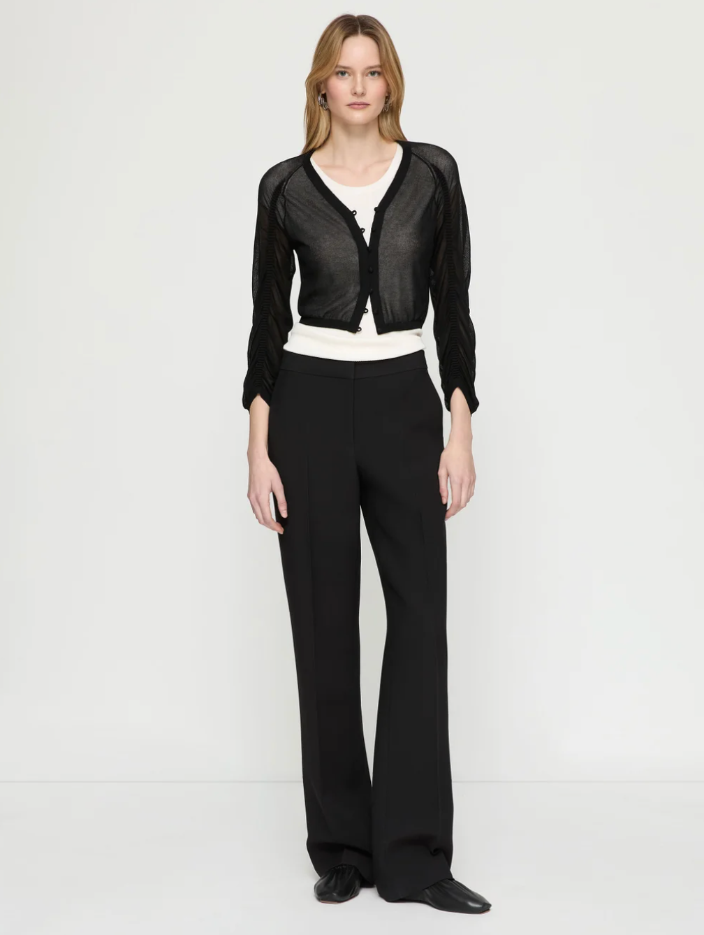 Ruched Sleeve Cropped V-Neck Cardigan-Tops-Lafayette 148-Black-XS-Mercantile Portland