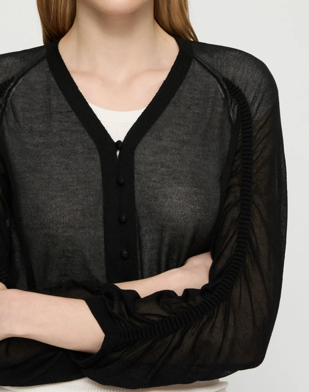 Ruched Sleeve Cropped V-Neck Cardigan-Tops-Lafayette 148-Black-XS-Mercantile Portland