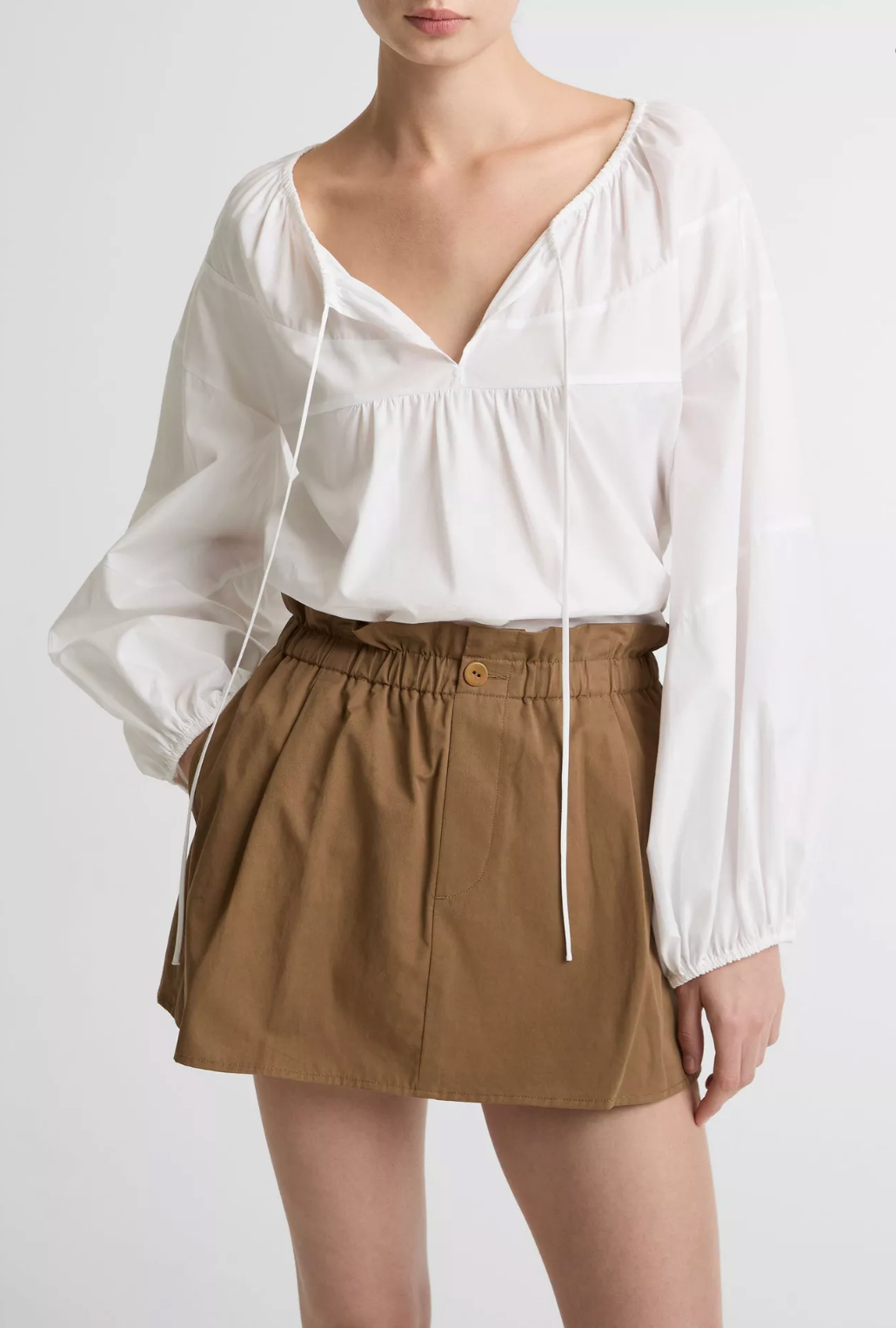 Shirred Cotton Tie-Neck Blouse-staging-VINCE-XXS-Optic White-Mercantile Portland
