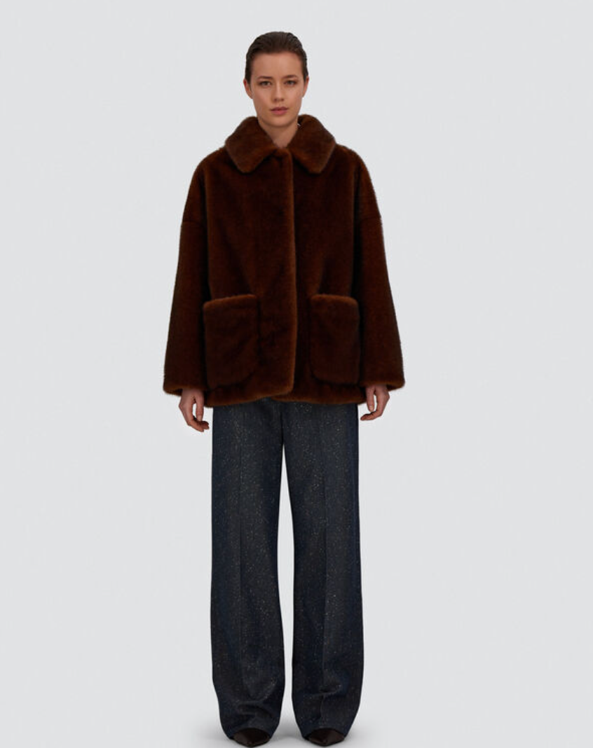 Short Coat in Mink-Effect Fur-Touch Fabric-Outerwear-Herno-Chocolate-40-Mercantile Portland