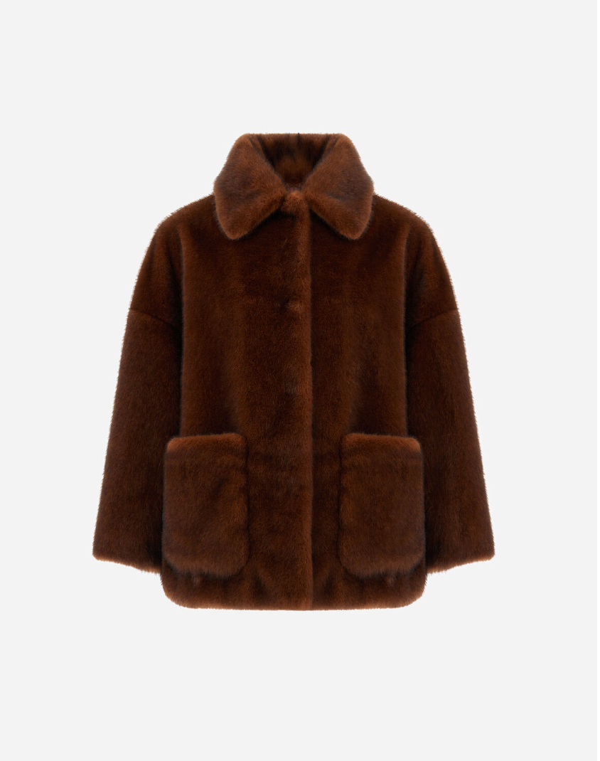 Short Coat in Mink-Effect Fur-Touch Fabric-Outerwear-Herno-Chocolate-40-Mercantile Portland