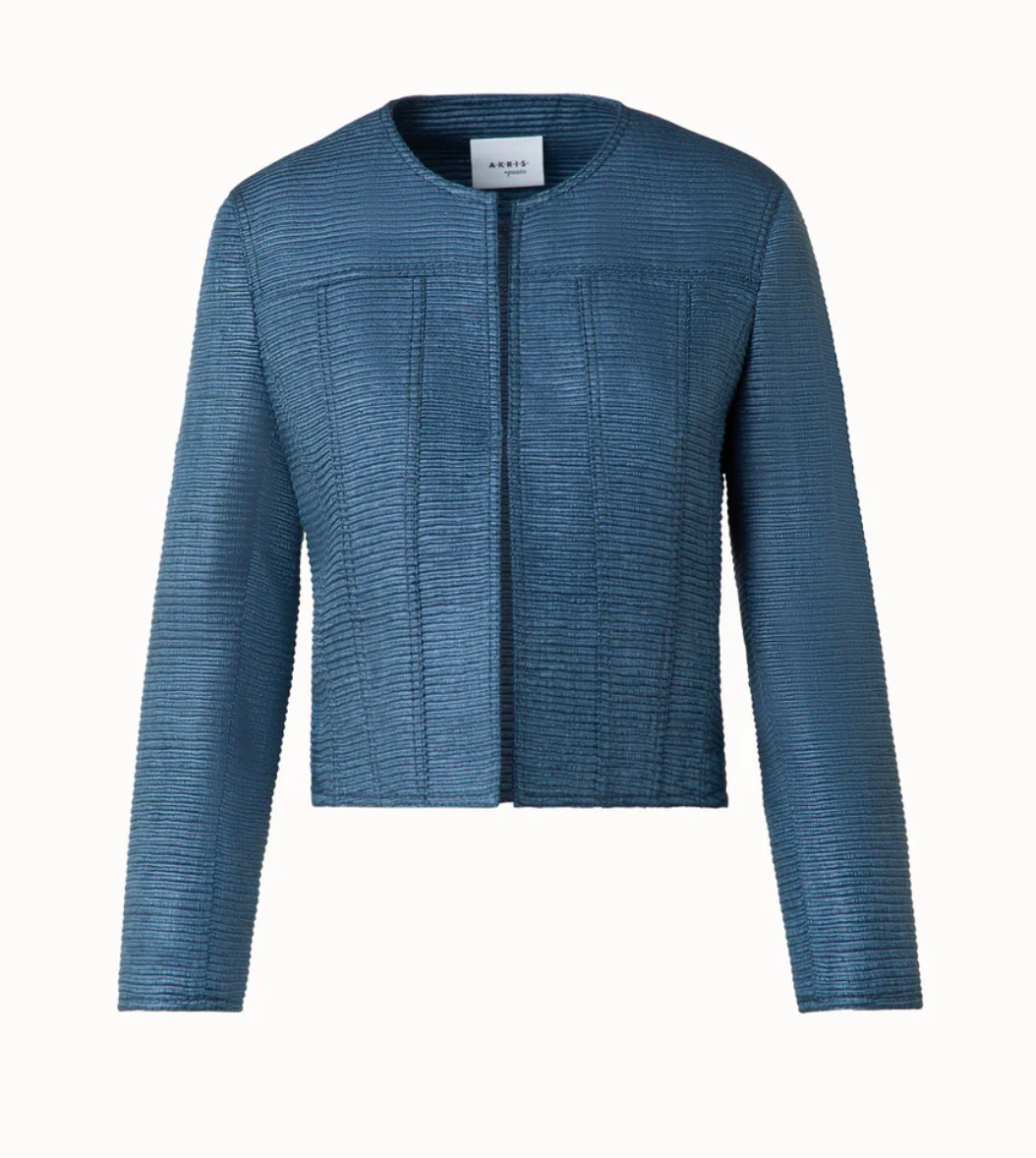 Short Jacket in Indian Silk Ottoman-Outerwear-Akris Punto-Medium Blue-0-Mercantile Portland