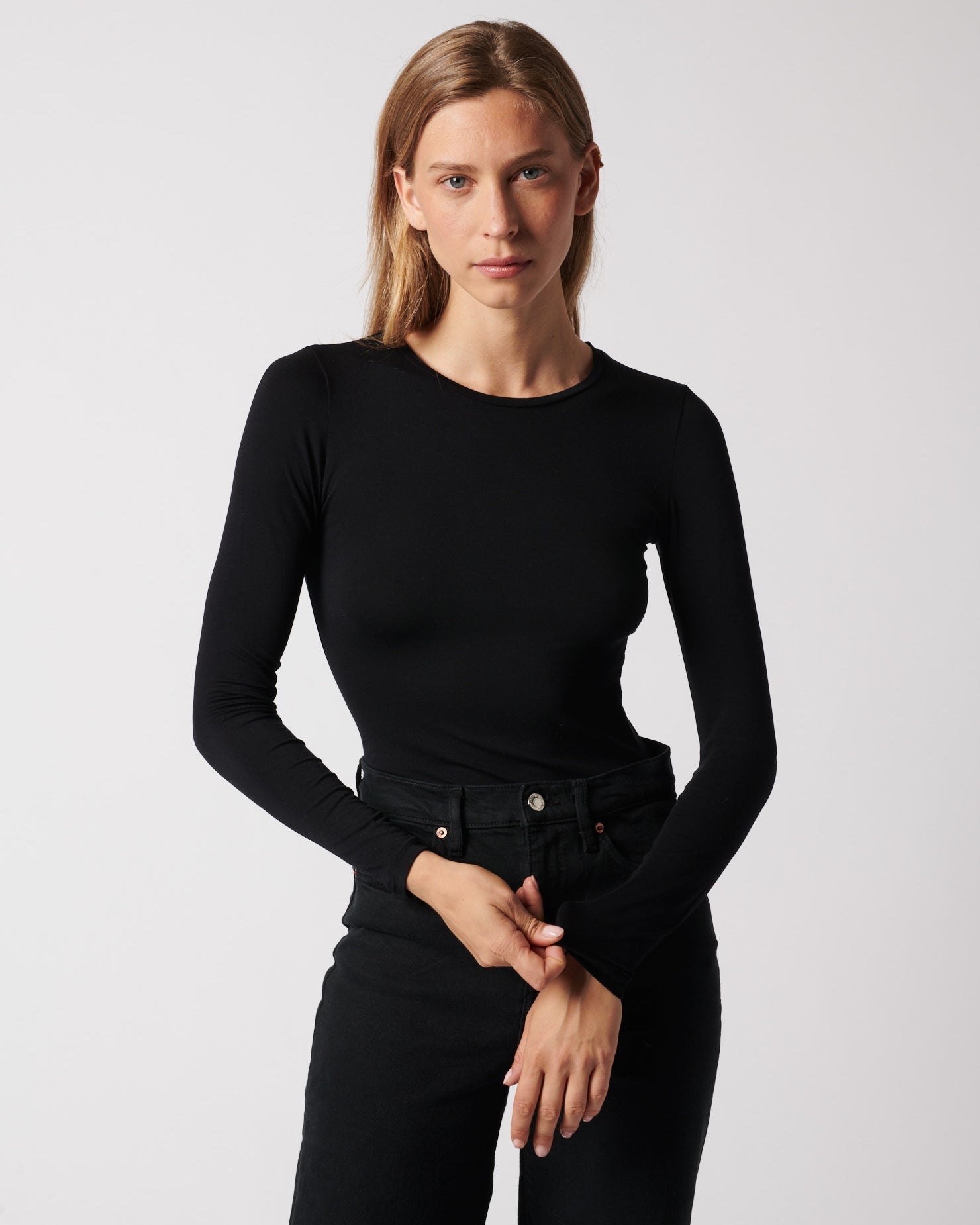 Soft Touch Crew Neck Long-Sleeve T-Shirt-Shirts-Majestic Filatures-Black-1-Mercantile Portland